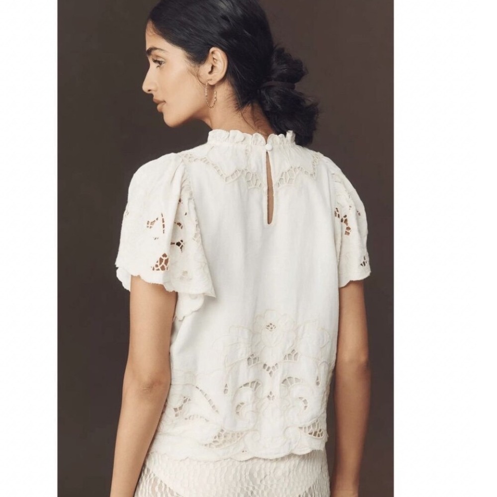 Anthropologie Lainie Blouse White Lace Cutwork Flutter‎ Sleeve Linen Top XL NWT - Picture 3 of 16